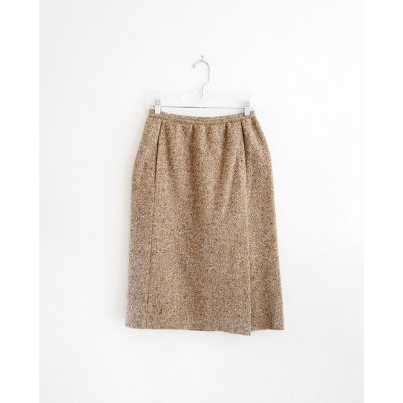 Vintage Dresses & Skirts - Vintage 80s Tan Tweed Midi Pencil Skirt est. S